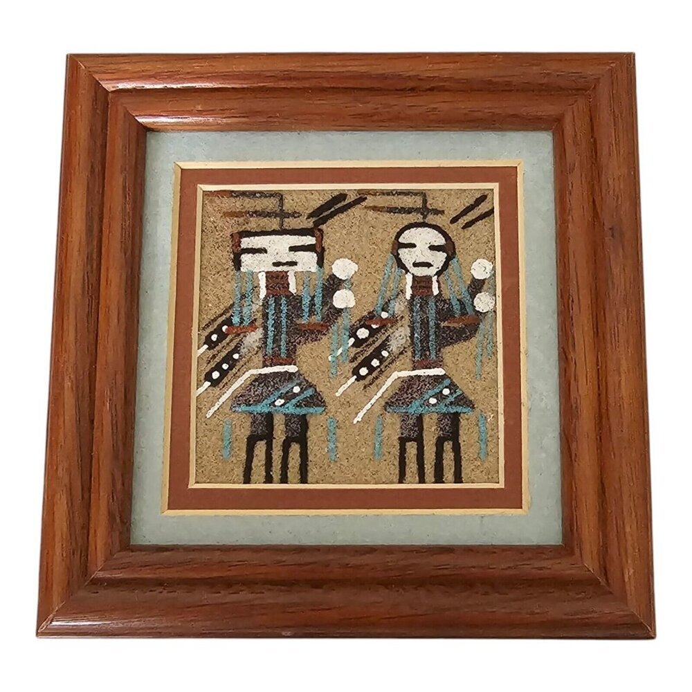 VTG AUTHENTIC SOUTHWEST NAVAJO SAND ART PAINTING Signed Wood Framed